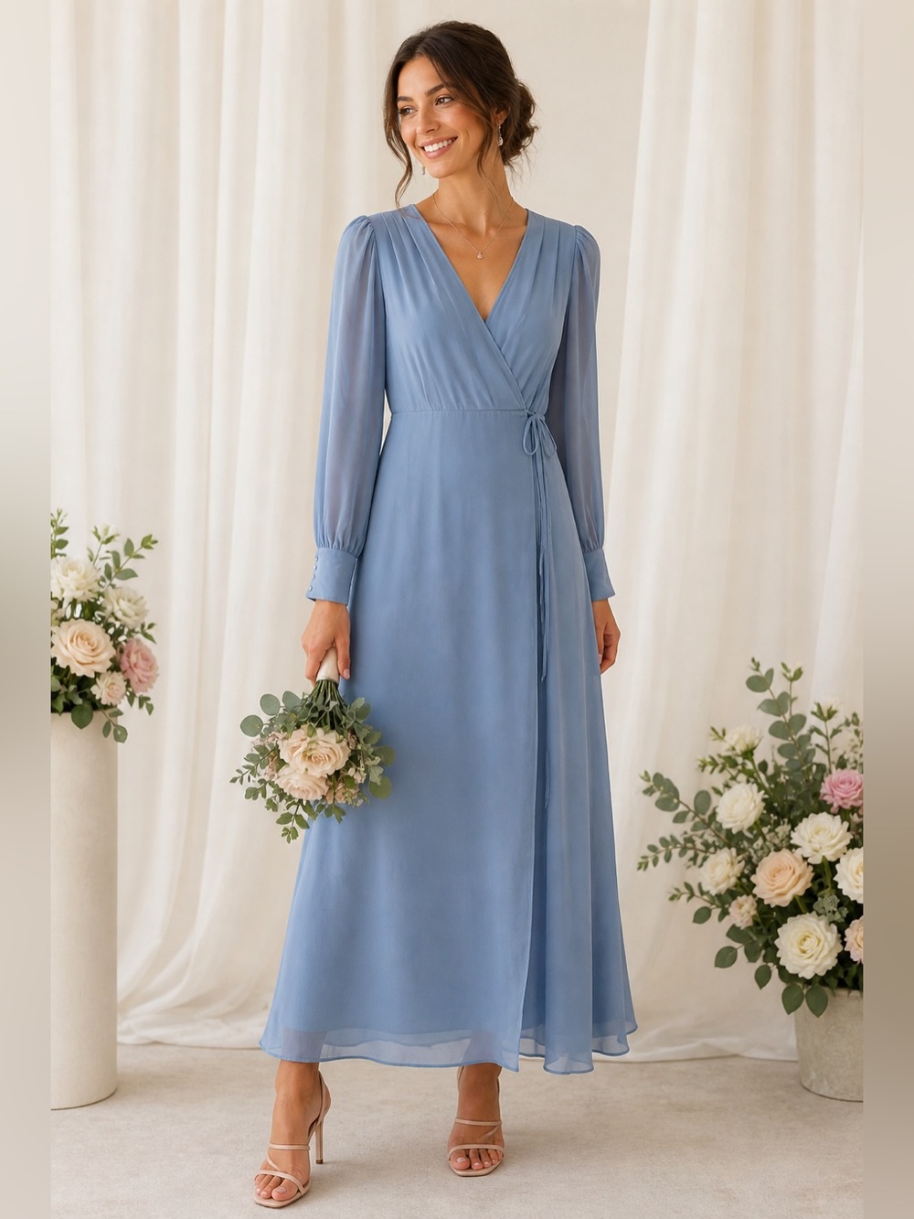 Soieblu Blue Wrap Maxi Dress Long Sleeve Tie Waist Romantic Bridesmaid M